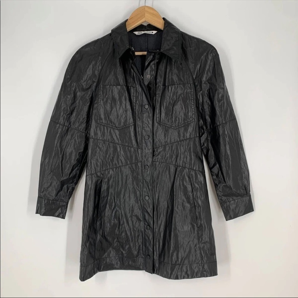 ZARA XL Faux Leather Long Sleeve Shirt Dress Snap Front Chest Pocket Black Mini - Picture 6 of 16